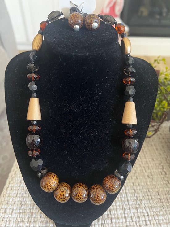 Jewelry - Handcrafted Brown & Black Beaded Statement Necklace and Earrings set